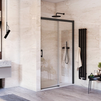 Dušo durys ROTH MELINA MI D2R/1300 juodu profiliu, skaidriu stiklu. Skirta montuoti į nišą arba derinti su šonin sienele MI FX2 